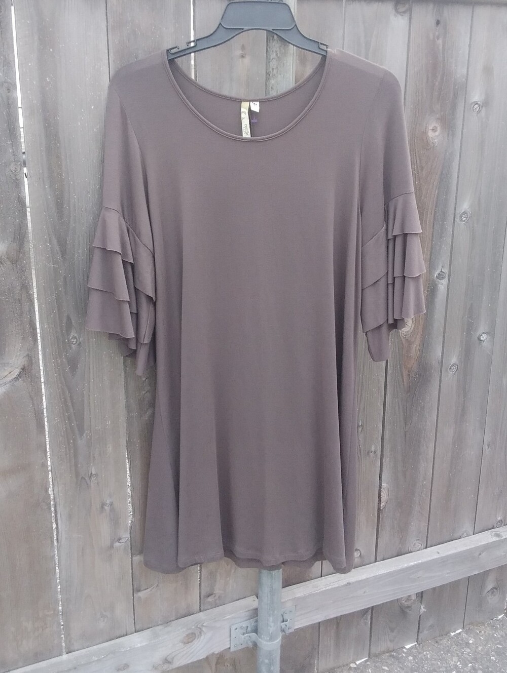 Comfy USA mini Dress Ruffle Sleeve Brown Sheath Modal Scoop Neck